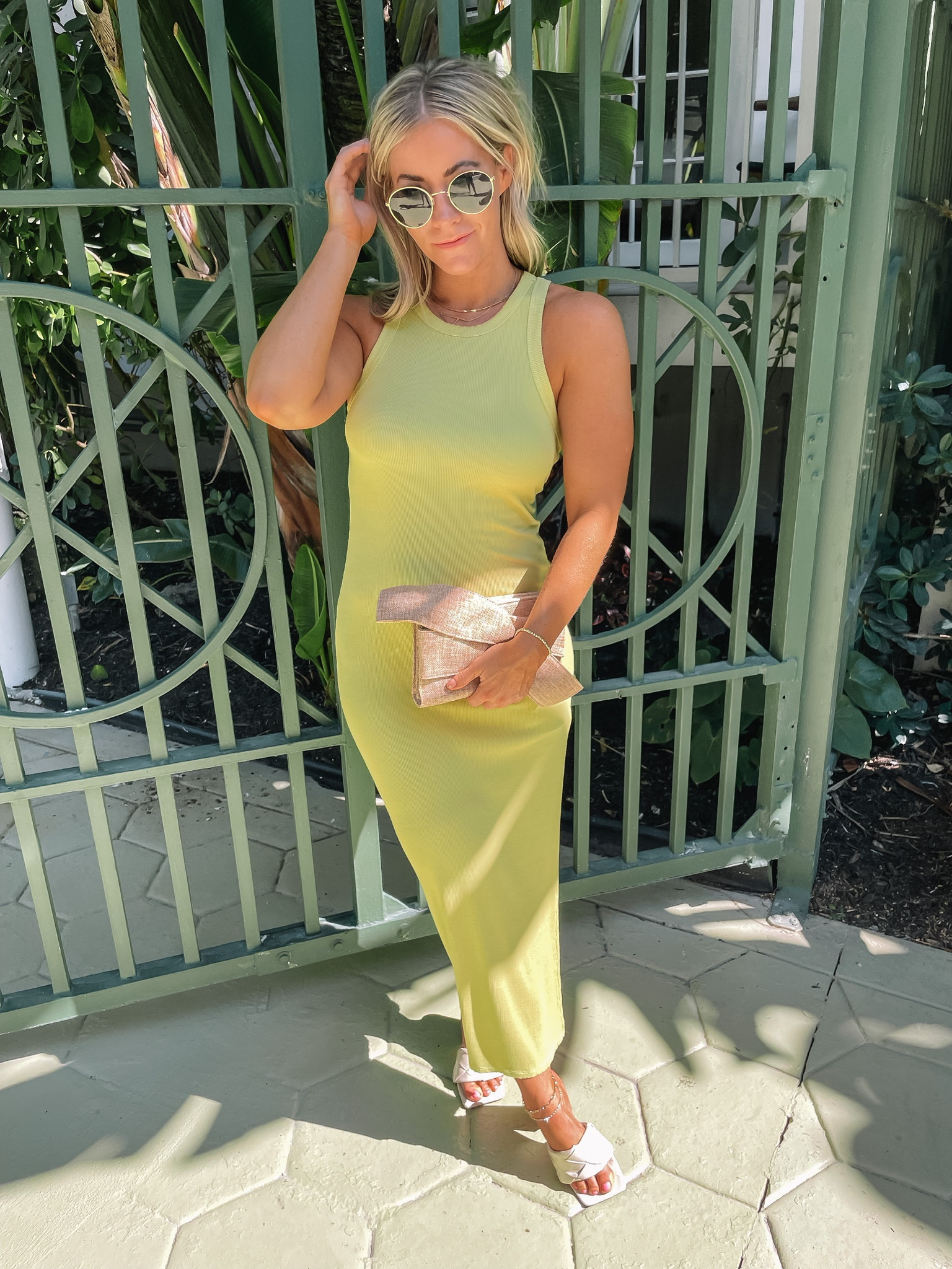 Lime green ribbed body con midi dress, stackable gold chain necklaces, gold monogram necklace, round gold rimmed sunglasses, white mule sandals, resort wear, vacation look 

#LTKtravel #LTKU #LTKFind