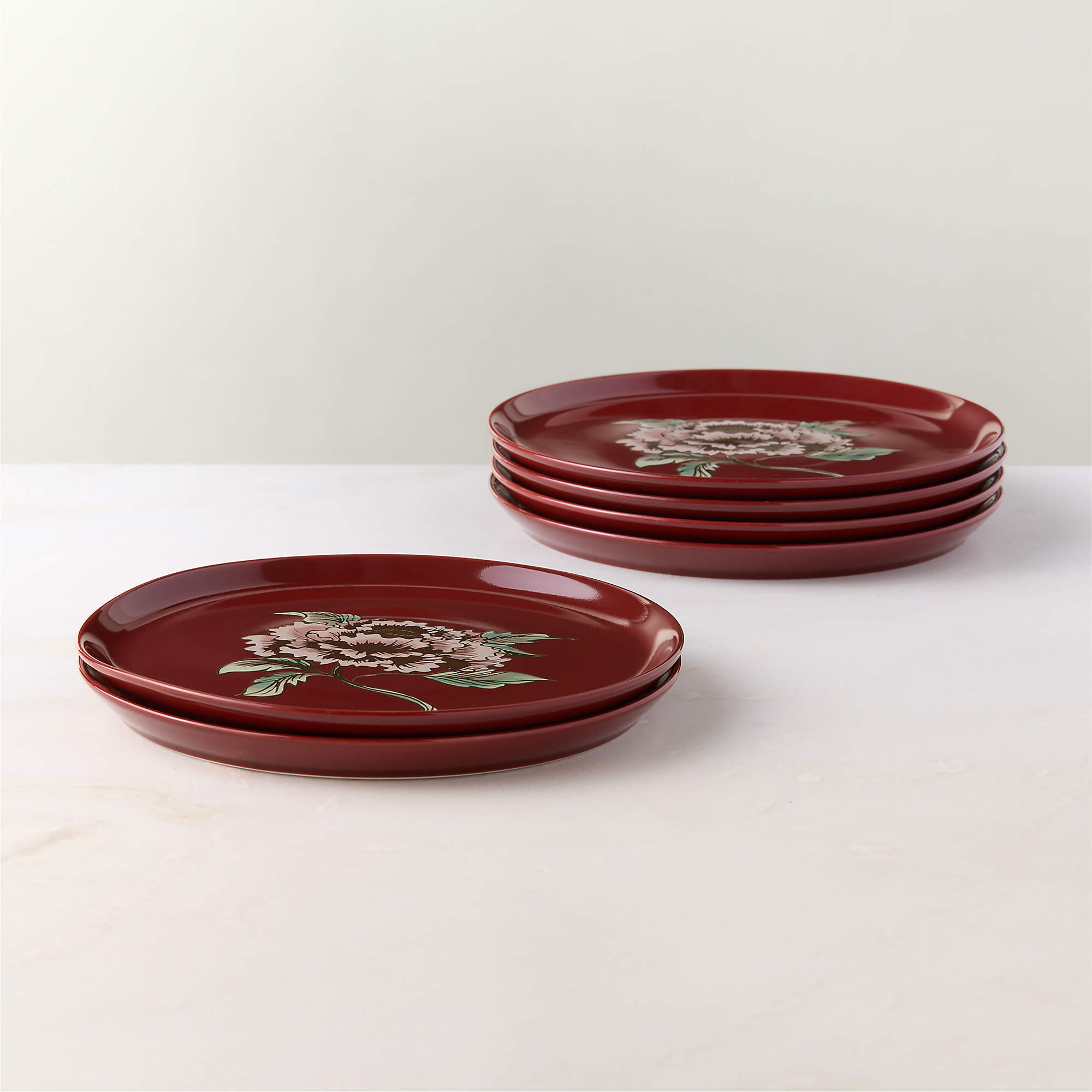 Contact Winter Peony Red Ceramic Salad Plates Set of 6 | CB2 | CB2