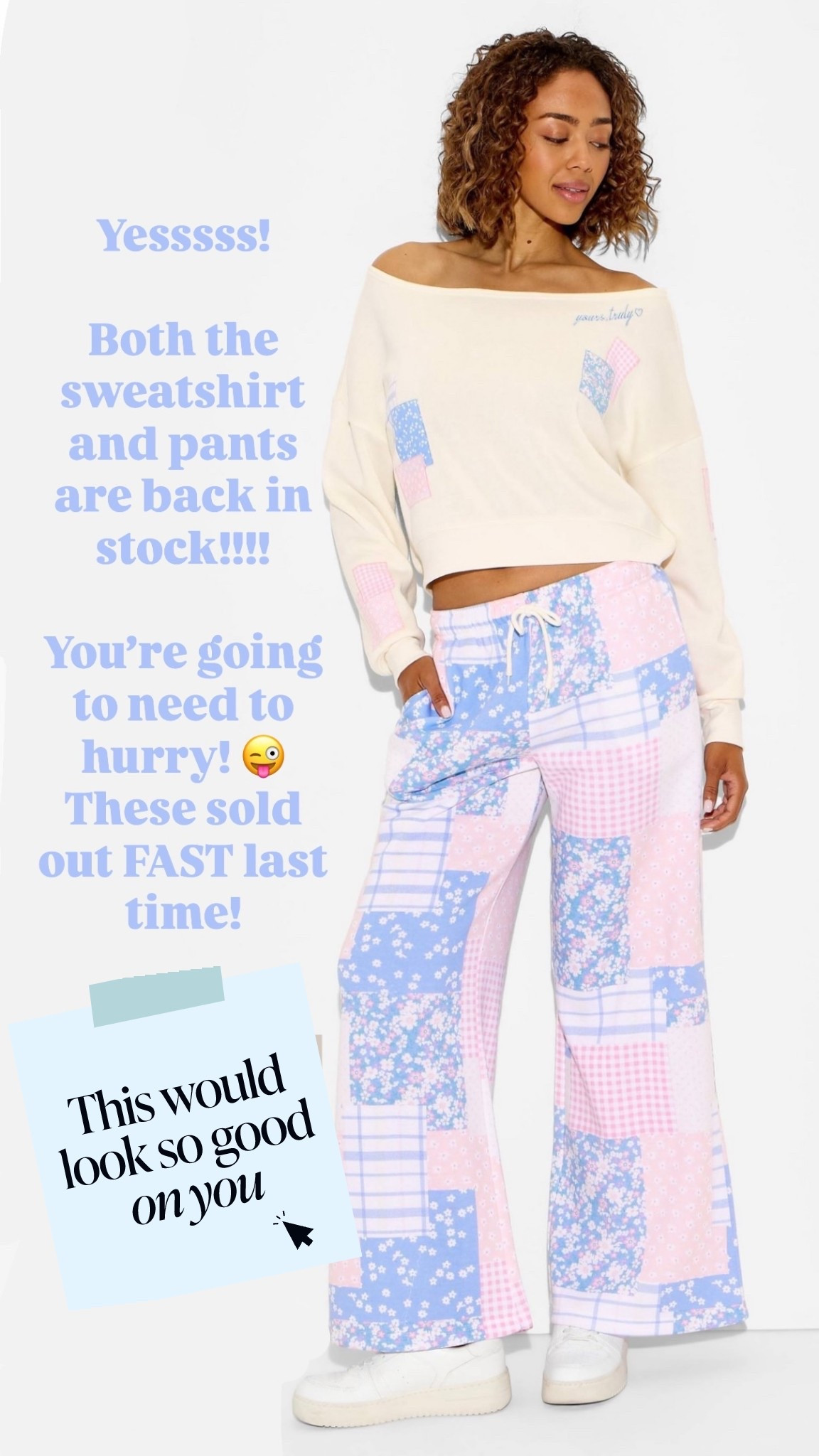 Yesssss!

Both the sweatshirt and pants are back in stock!!!!

You’re going to need to hurry! 😜 These sold out FAST last time!