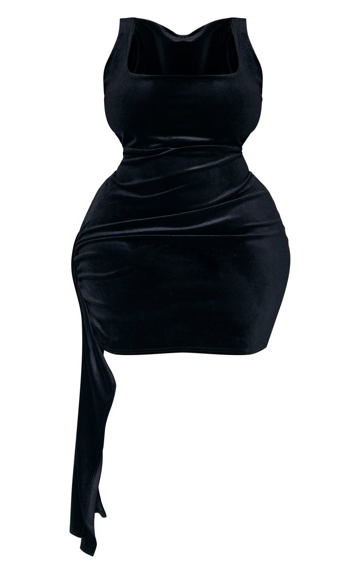 Plus Black Drape Detail Velvet Bodycon Dress | PrettyLittleThing US