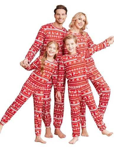 Ekouaer Family Christmas Pajamas Matching Sets Long Sleeve Holiday Pjs Loungewear 2 Piece Lounge Sets Christmas Reindeer on Red Kids 120 | Amazon (US)