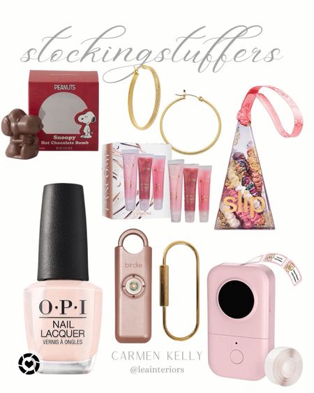 Stocking Stuffers: 
Hot chocolate bombs featuring Peanuts and Snoopy, lip glass, Juicy Tubes by Lancôme, gold earrings, SLIP hair ties, label maker, OPI nail polish, She’s Birdie personal safety alarm 





#LTKSeasonal #LTKGiftGuide #LTKHoliday