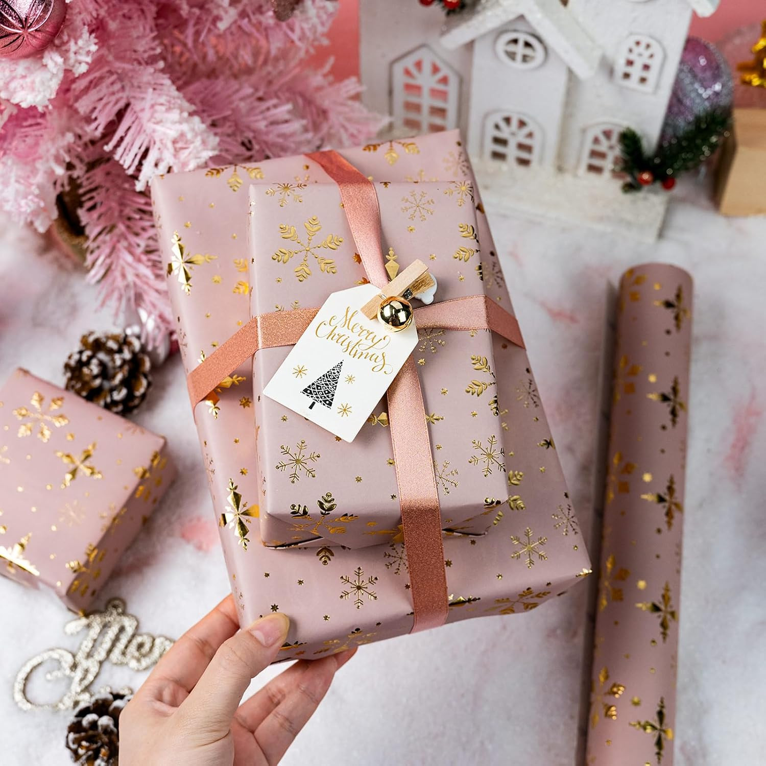 Homeral Pink Christmas Wrapping Paper Roll - 3D Embossed Gold Foil Metallic Shine Snowfalkes Gift... | Amazon (US)