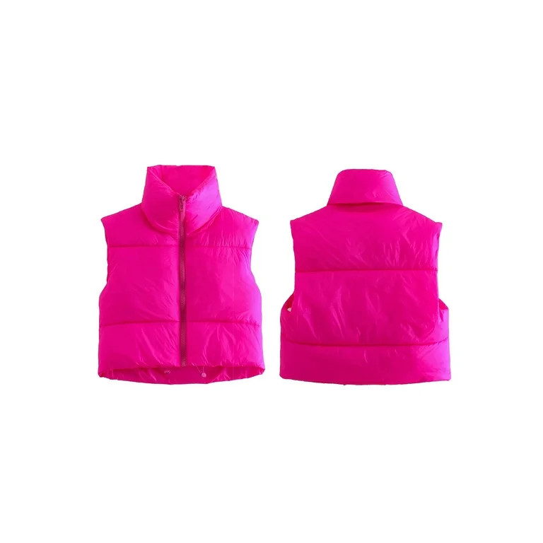 Women Zip Up Waistcoat Retro Short Sleeveless Cropped Stand Neck Zipper Puffer Vest Winter Jacket... | Walmart (US)