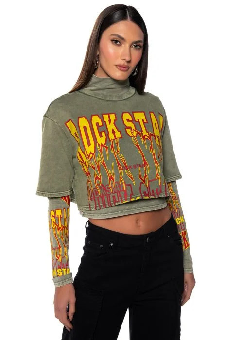 ROCK STAR GRAPHIC LAYERED TURTLENECK TOP IN OLIVE | AKIRA