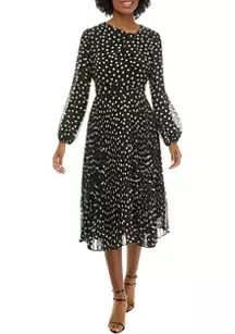 Women's Long Sleeve Asymmetrical Neck Dot Print Chiffon Dress | Belk