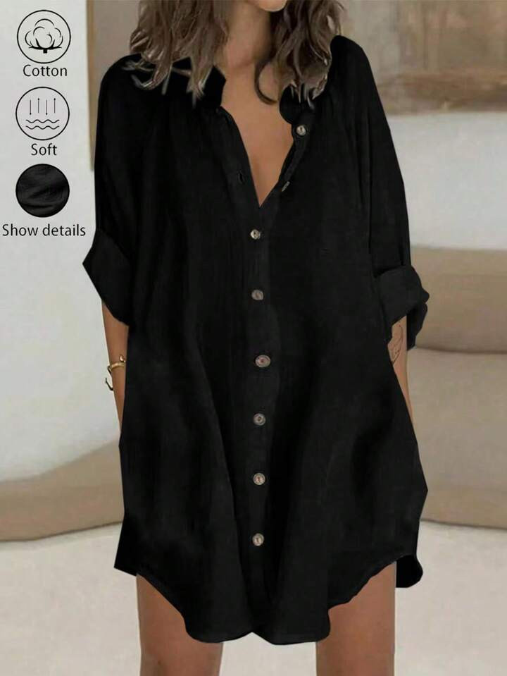 SHEIN LUNE Women's Simple Casual Solid Color Button Front Long Sleeve Dress Fall Cloth For Women | SHEIN