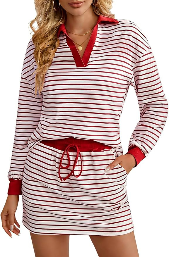 Women's 2 Piece Outfits Striped Polo Sweatshirt Skirt Sets Long Sleeve Workout Skorts Set with Po... | Amazon (US)