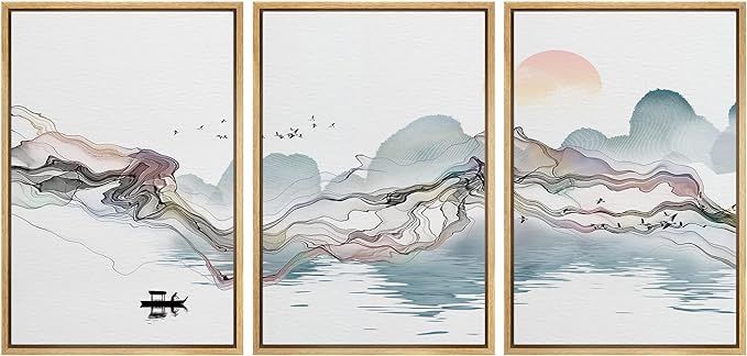 NWT Canvas Print Wall Art Set Pastel Watercolor Smoke Over Fisherman & Birds Abstract Wilderness ... | Amazon (US)
