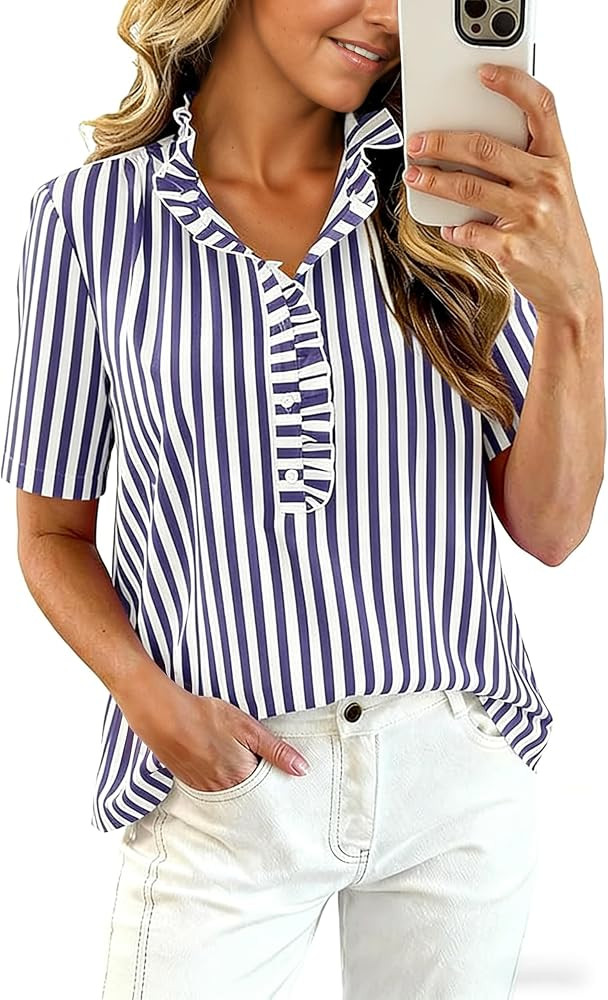 Women's Gingham Ruffle V Neck Short Sleeve Blouse(330-002) | Amazon (US)