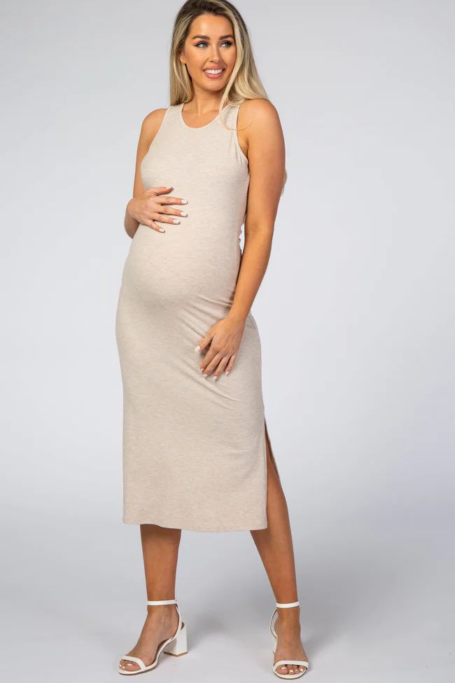 Beige Ribbed Sleeveless Fitted Midi Maternity Dress | PinkBlush Maternity