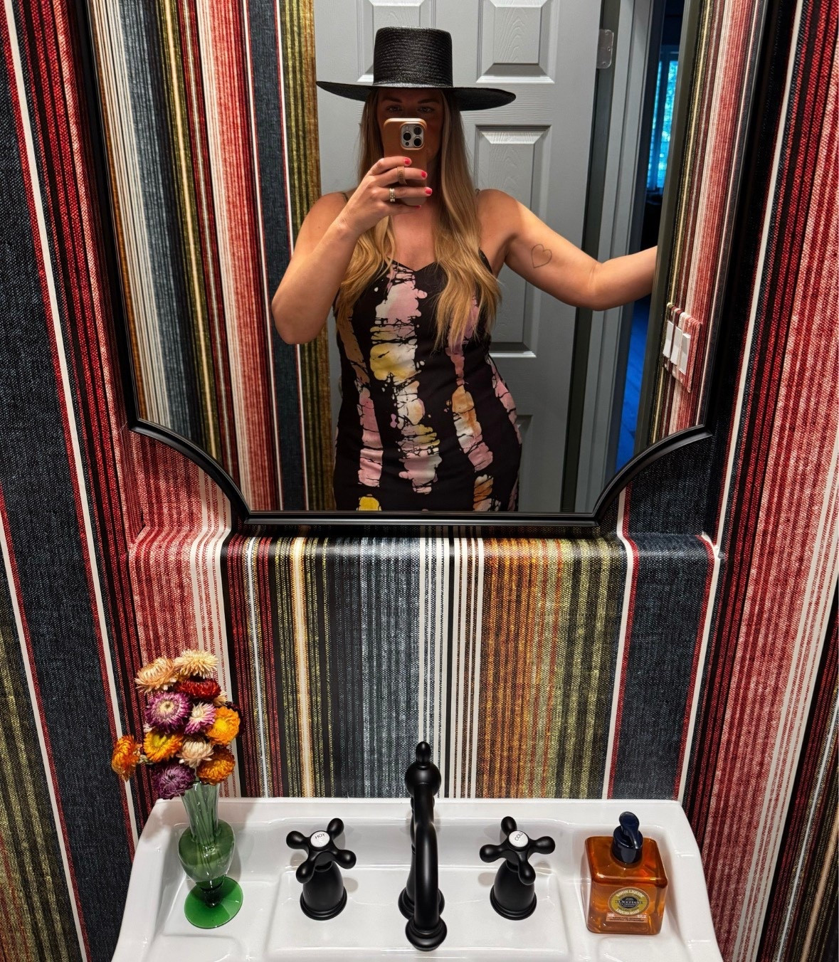 Southwestern vintage serape inspired wallpaper! sundress | dried florals | bathroom decor | hand soap | console sink @Wayfair @renttherunway 

#LTKHome #LTKootd #LTKmomlife