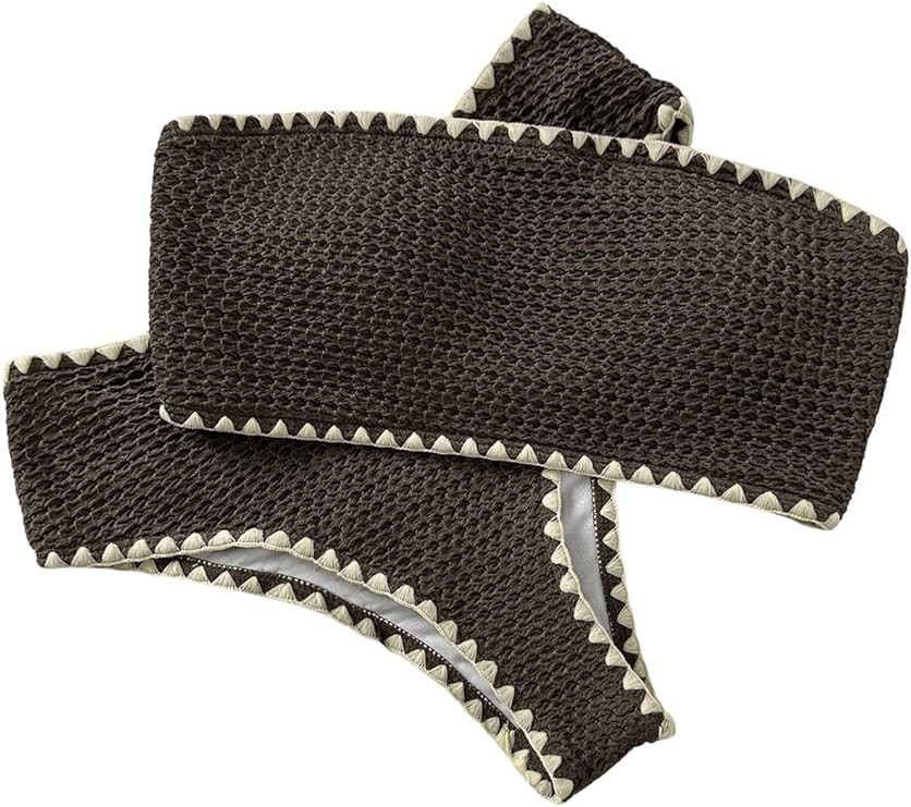 Verdusa Women's 2 Piece Strapless Bikini Sets Contrast Trim Bandeau Swimsuit Bathing Suits | Amazon (US)