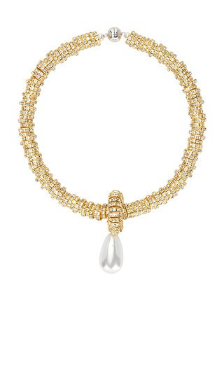 Julietta Pearl Drop Gold Necklace in Metallic Gold. | Revolve Clothing (Global)