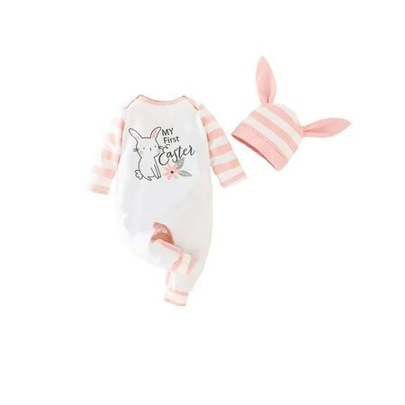 ROAONOCOMO My First Easter Baby Outfits Long Sleeve Letter Print Jumpsuit with Bunny Hat Set | Walmart (US)