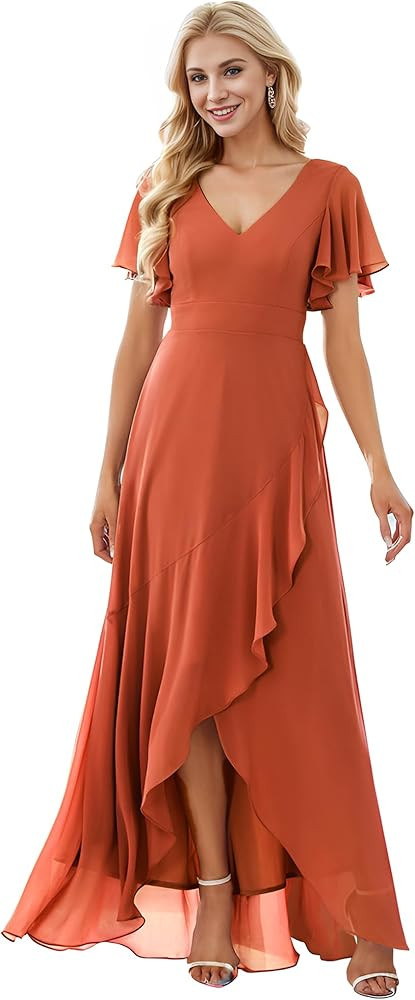 Ever-Pretty Women's Double V Neck A Line Ruffle Hem Backless High Low Chiffon Wedding Guest Dress... | Amazon (US)