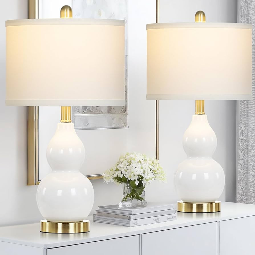22" Modern Double Gourd Ceramic Table Lamps Set of 2, White Bedside Lamps for Living Room, Contem... | Amazon (US)