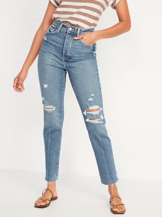 Higher High-Rise Button-Fly O.G. Straight Distressed Cut-Off Jeans for Women | Old Navy (US)