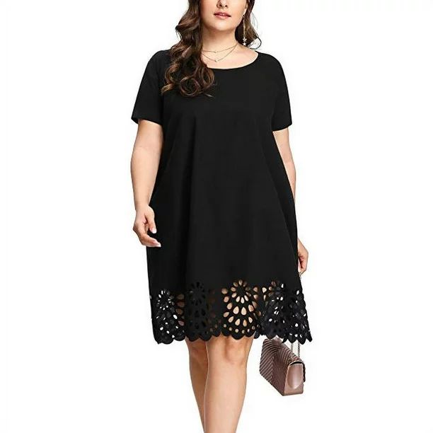 Summer Dresses for Women Wedding Guest Short Sleeve Plus Size Fashion Solid O-Neck Hollow Out Cas... | Walmart (US)