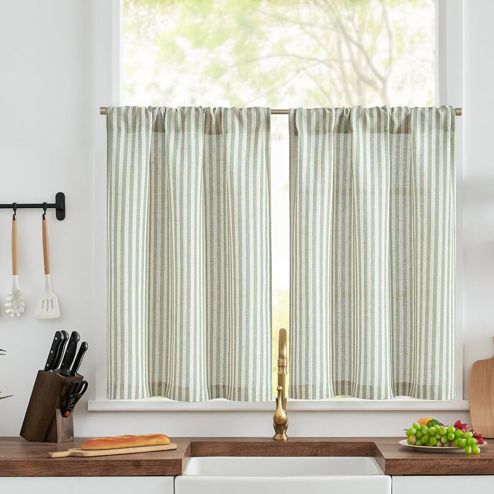 jinchan Striped Linen Kitchen Curtains 30 Inch Length Pinstripe Farmhouse Cafe Tier Curtains for ... | Amazon (US)