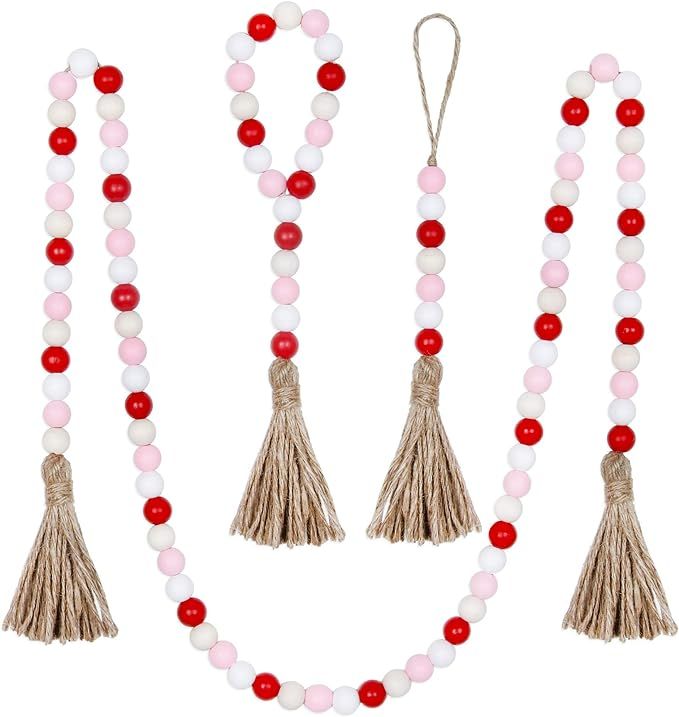 BlueMake 3 Pack Valentine's Day Wood Bead Garland with Tassel,Rustic Wooden Bead Decor Farmhouse ... | Amazon (US)