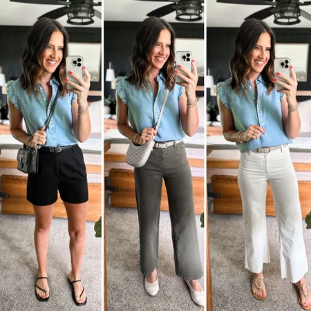 Summer Capsule Wardrobe - Chambray Blouse 

Top - small
Black shorts - sized down to a xs 
Green pants - size 26 
White pants - size up, I’m in a 4 


#LTKFindsUnder50 #LTKStyleTip #LTKFindsUnder100