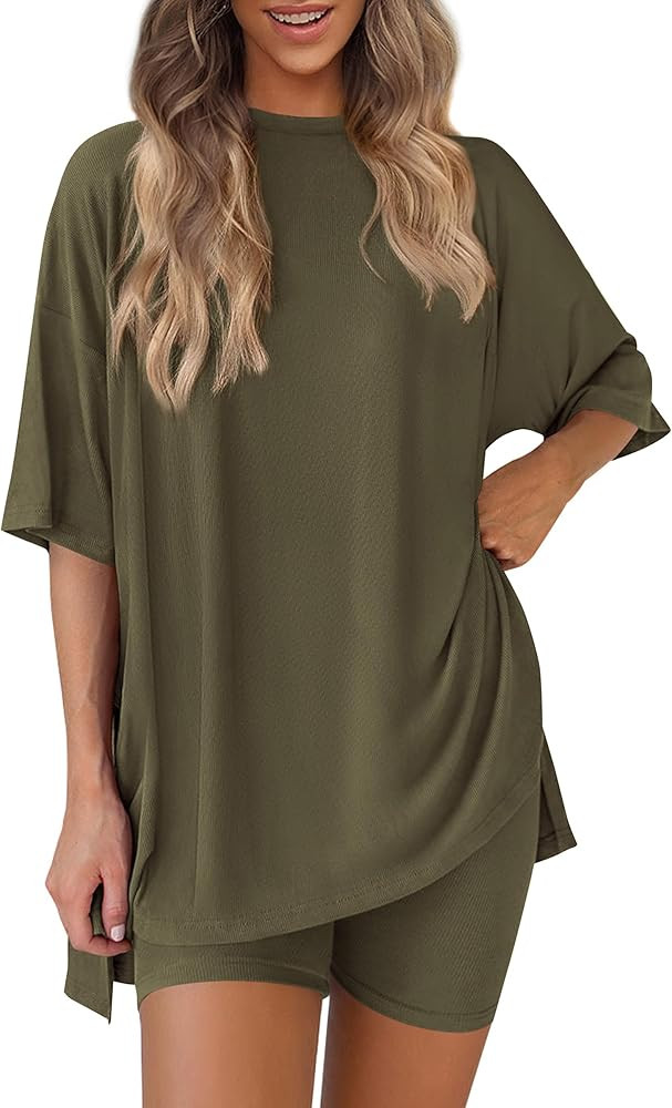 PRETTYGARDEN Women's Two Piece Lounge Set 2025 Summer Casual Oversized Shirts Biker Shorts Matchi... | Amazon (US)