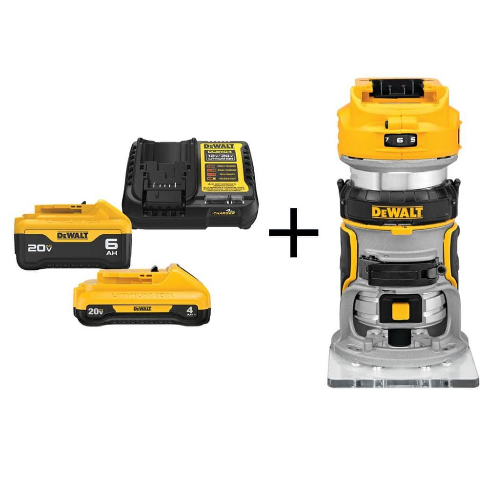 20V MAX XR Cordless Brushless Compact Router with 6.0 Ah and 4.0 Ah Starter Kit | The Home Depot