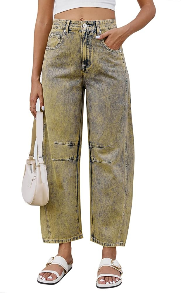 Mid Rise Barrel Jeans for Women Wide Leg Mid Waist Cropped Denim Pants Y2k Baggy Boyfriend Jeans ... | Amazon (US)