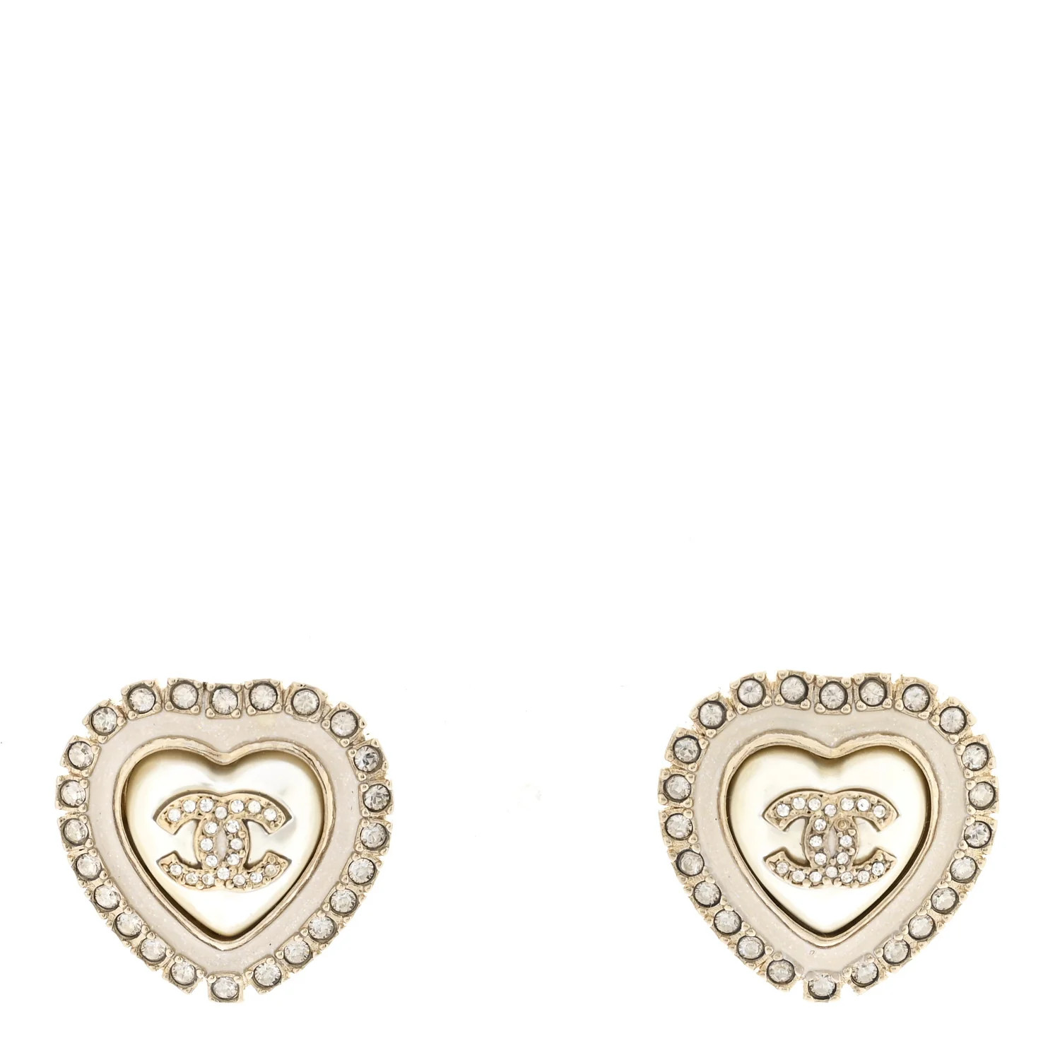 Pearl Crystal CC Heart Earrings Gold White | FASHIONPHILE (US)