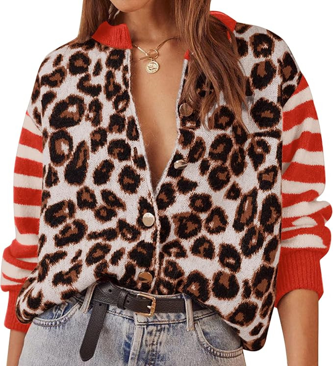 Leopard Striped Cardigans for Women Cheetah Open Front Sweater Knit Button Down Fall Clothes Long... | Amazon (US)