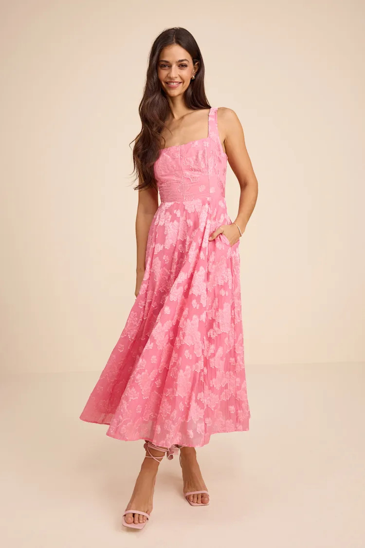 Loira Pink Burnout Jacquard Lace-Up Midi Dress | Lulus
