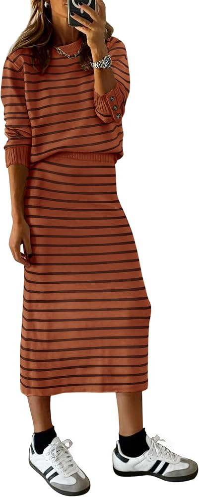 PRETTYGARDEN Women's 2 Piece Striped Sweater Set Casual Fall Long Sleeve Knit Pullover Midi Skirt... | Amazon (US)