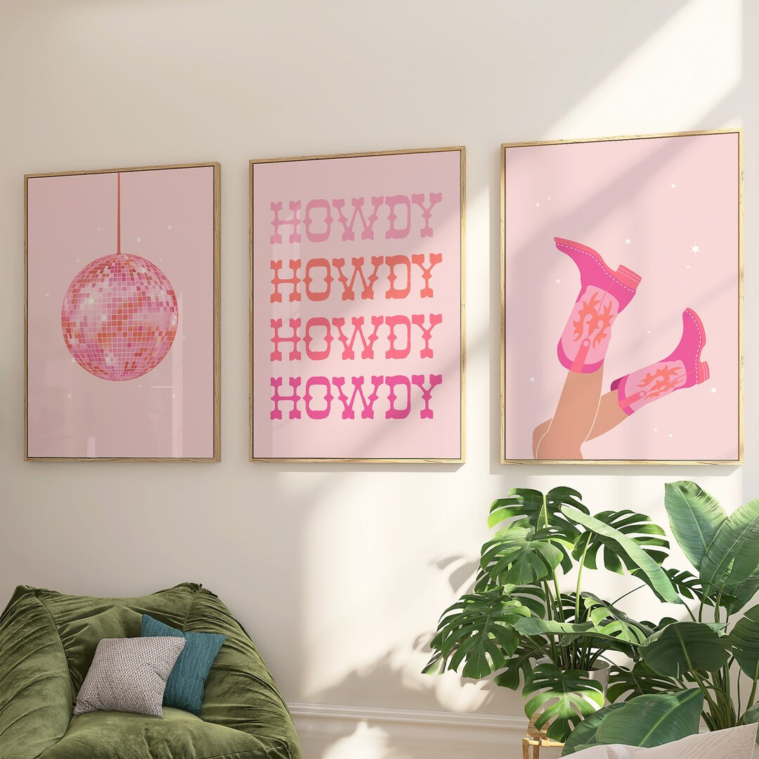 Pink Disco Cowgirl Print Set of 3, Preppy Wall Art, Western Dorm Room Decor, Howdy Print, Disco B... | Etsy (US)