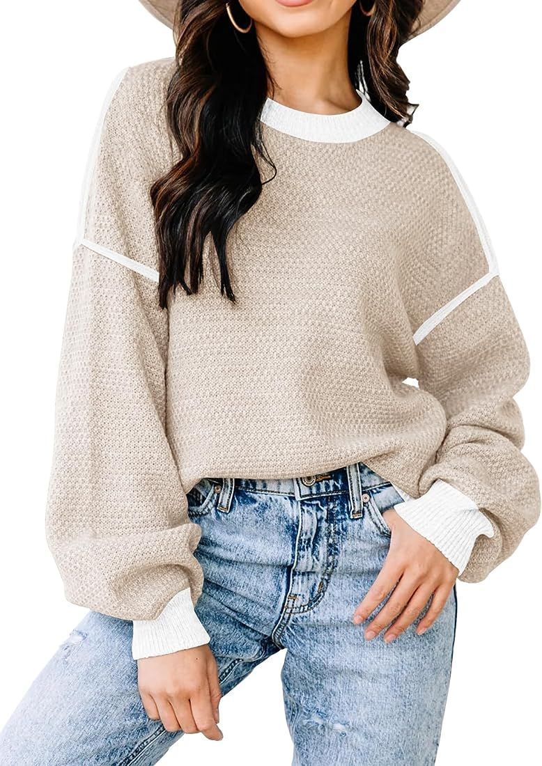 Fall Sweaters for Women 2023 Long Sleeve Striped Oversized Sweaters Trendy Casual Crew Neck Knitted  | Amazon (US)