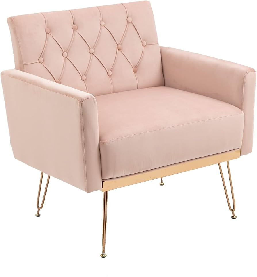 UPYOOE Pink Accent Chairs for Bedrooms, Vanity Chair for Makeup Room, with Back Gold Legs, Velvet... | Amazon (US)