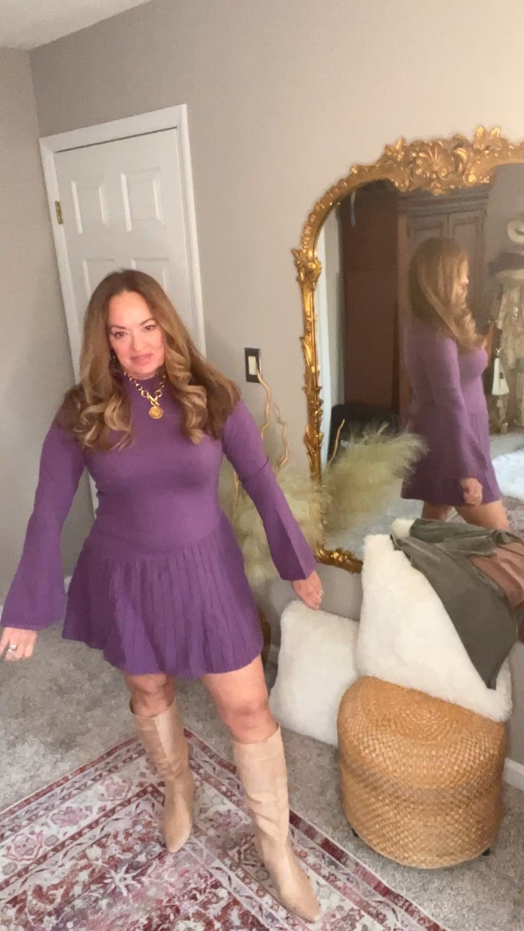 A very flattering short skirted knit sweater dress with bell sleeves. 

#LTKdayinmylife #LTKNYFW #LTKValentine