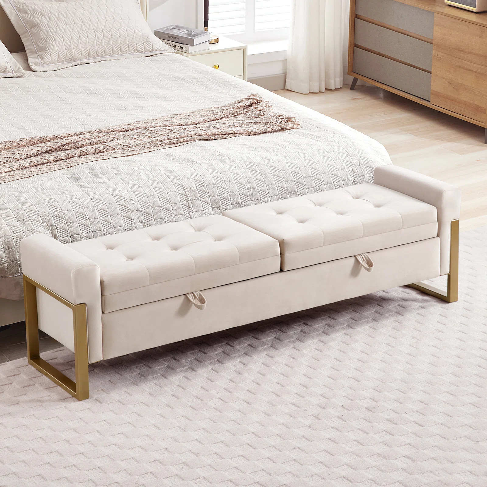 Drewes Velvet Storage Bench for Bedroom End of Bed with Double Lids,Gold Legs | Wayfair North America