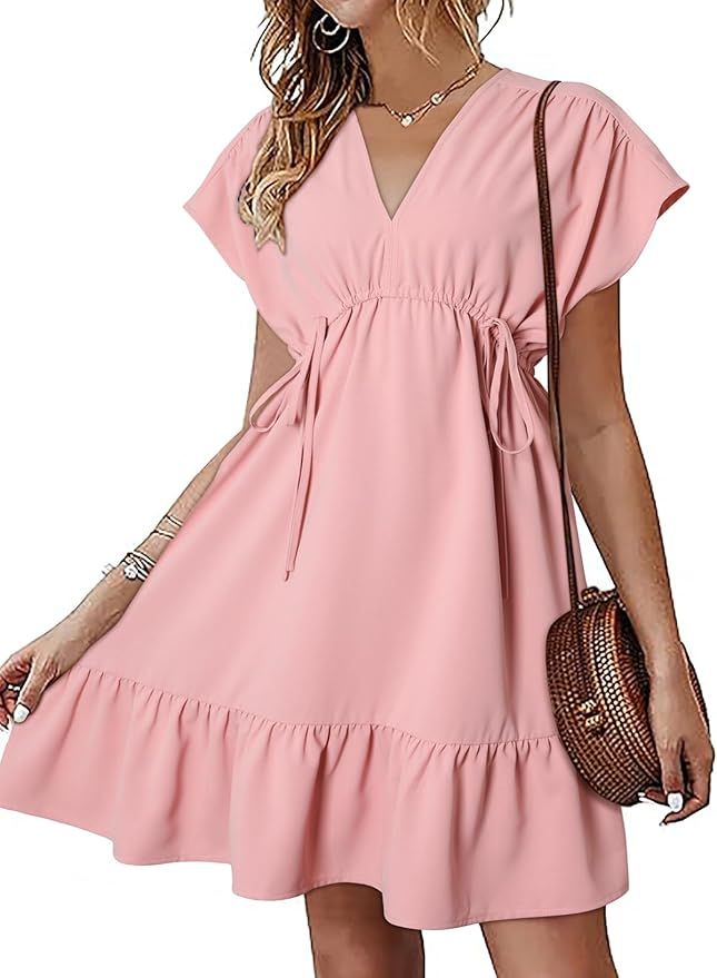 Dokotoo Womens Dresses Short Sleeve V Neck Drawstring Casual Ruffle A-Line Swing Mini Babydoll Dr... | Amazon (US)