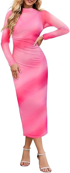 MEROKEETY Women's 2024 Long Sleeve Tie Dye Dress Bodycon Mock Neck Mesh Ruched Cocktail Maxi Dres... | Amazon (US)