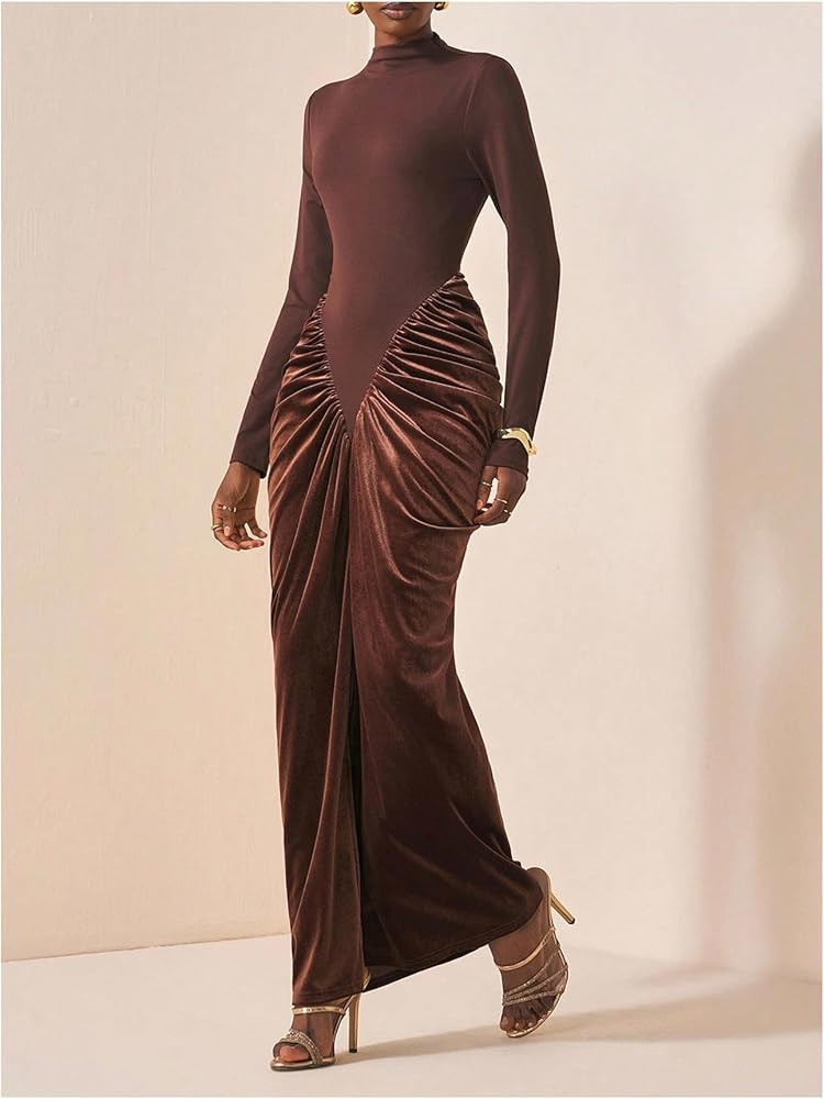 Milumia Women's Elegant Long Sleeve Velvet Maxi Dress Mock Neck Ruched Bodycon Cocktail Party Dre... | Amazon (US)