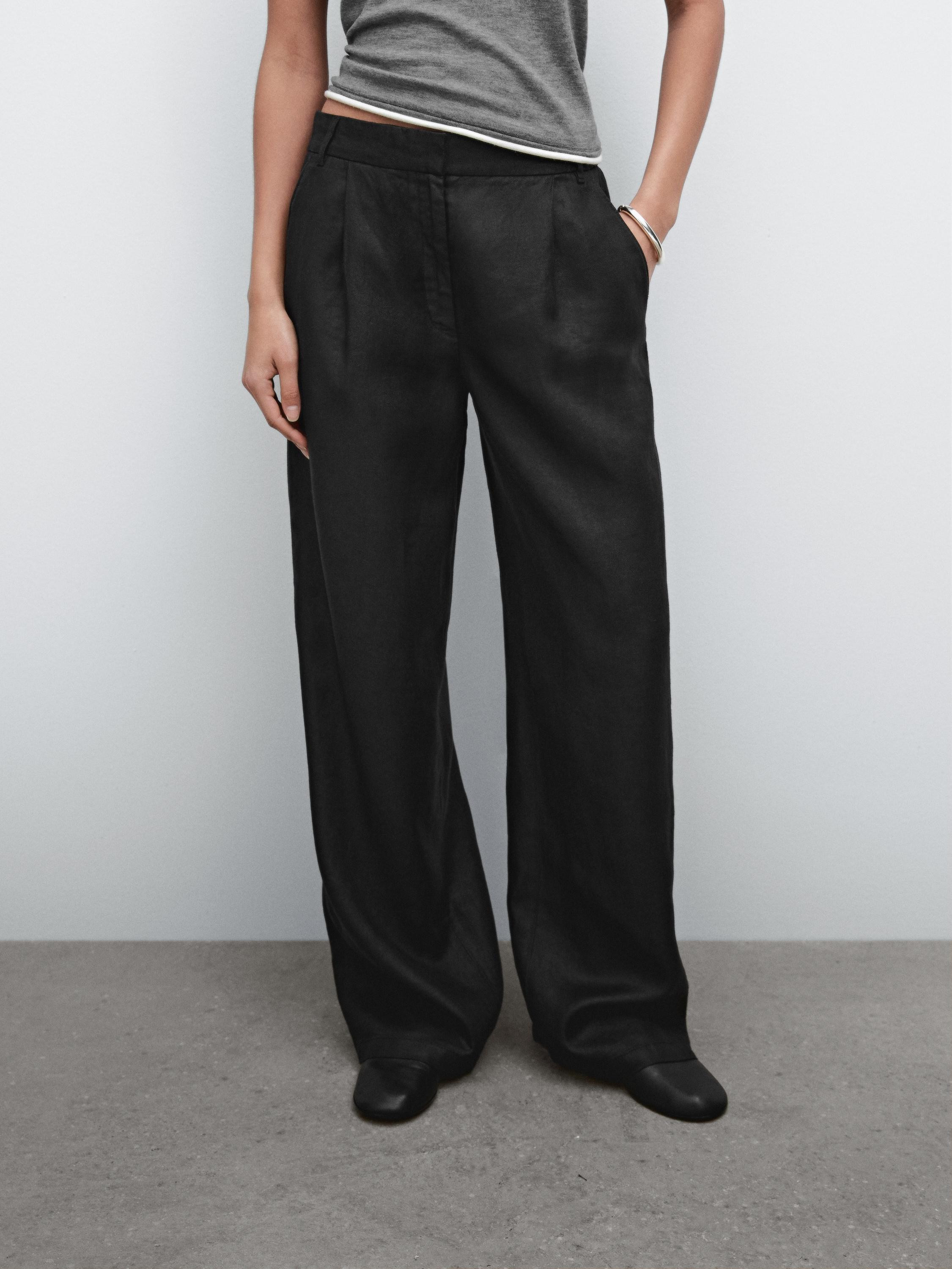 100% linen wide-leg elastic detail trousers | Massimo Dutti US