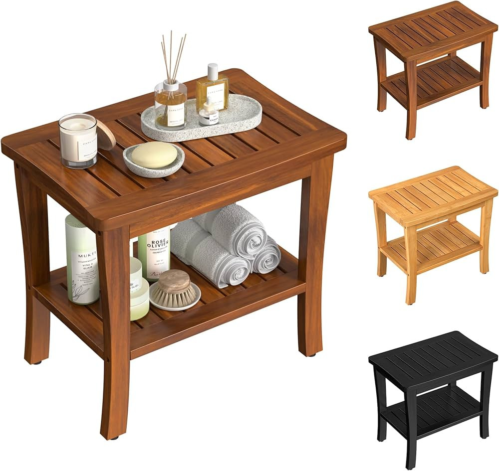 Large Teak Wood Shower Bench Stool with Storage Shelf Wooden Teak Bench for Shower Seat Chair for... | Amazon (US)