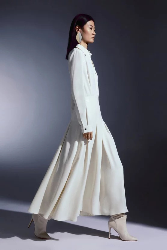 Tailored Crepe Pleated Midi Shirt Dress | Karen Millen US