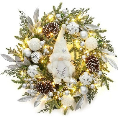 Christmas Wreath with 30 LED Lights Silver White Ornaments Pre-Lit Holiday Door Decoration | Target