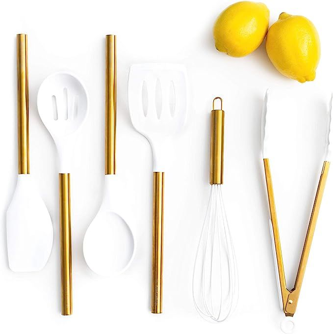 White Silicone and Gold Cooking Utensils for Modern Cooking and Serving, Stainless Steel Gold Ser... | Amazon (US)