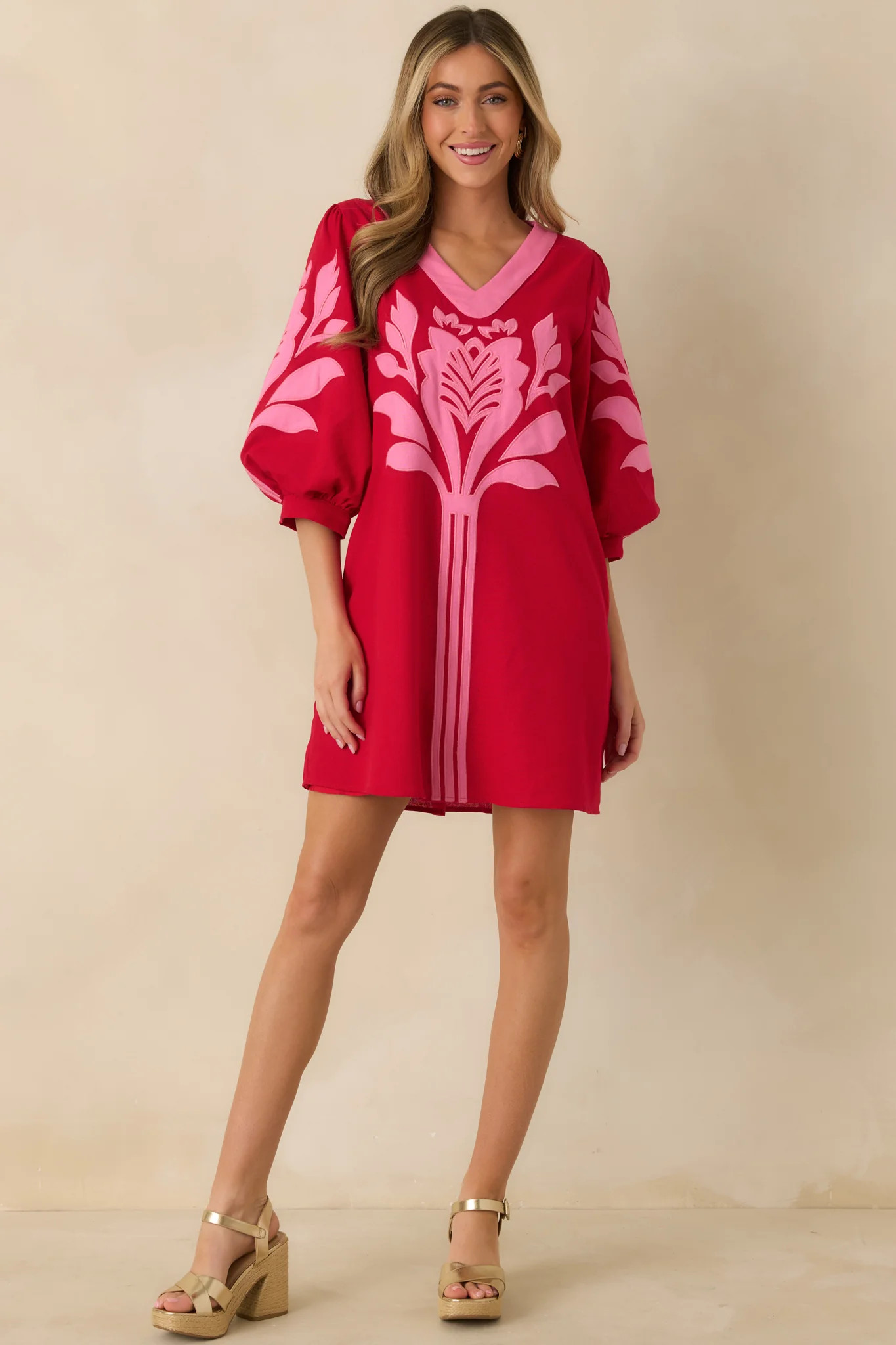 Loving Every Minute Red & Pink Contrast V-Neck Mini Dress | Red Dress