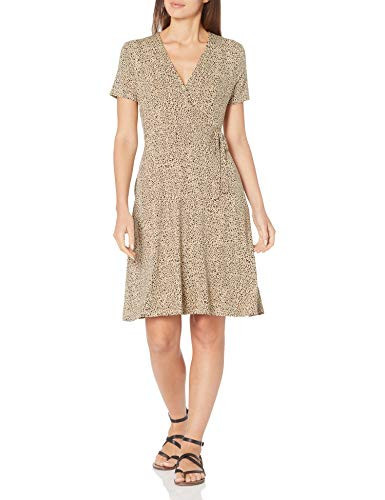Amazon Essentials Women's Short Sleeve Faux-Wrap Dress, Camel Leopard Print, Large | Amazon (US)