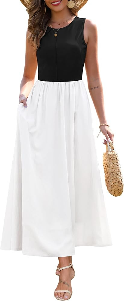 Zattcas Women's Summer Casual Sleeveless Patchwork Knit Crew Neck Tank Top Flowy Long Maxi Dresse... | Amazon (US)