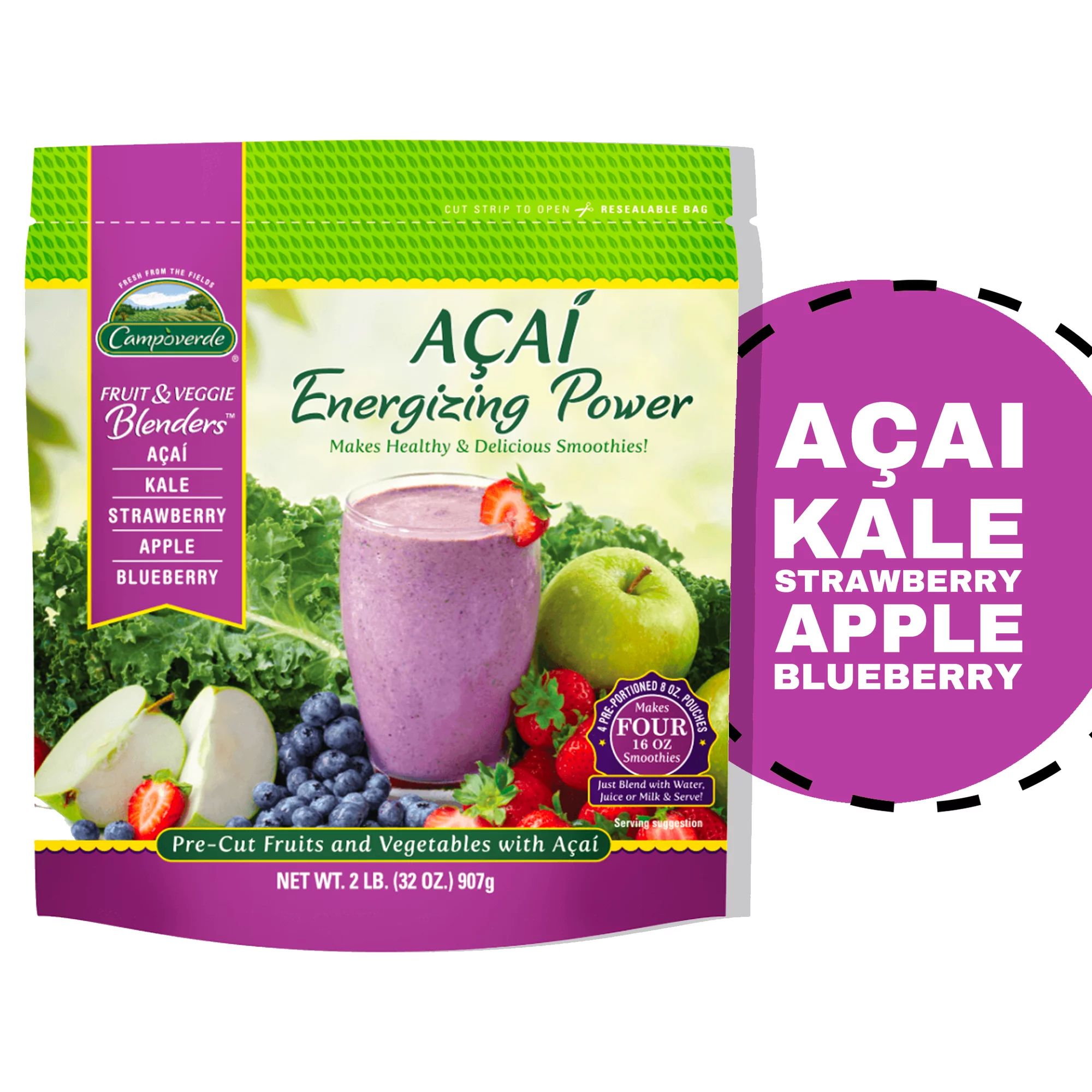 Campoverde Fruit & Veggie Blenders Frozen Açaí Energizing Power Smoothie Packs,Açaí-Kale-Stra... | Walmart (US)